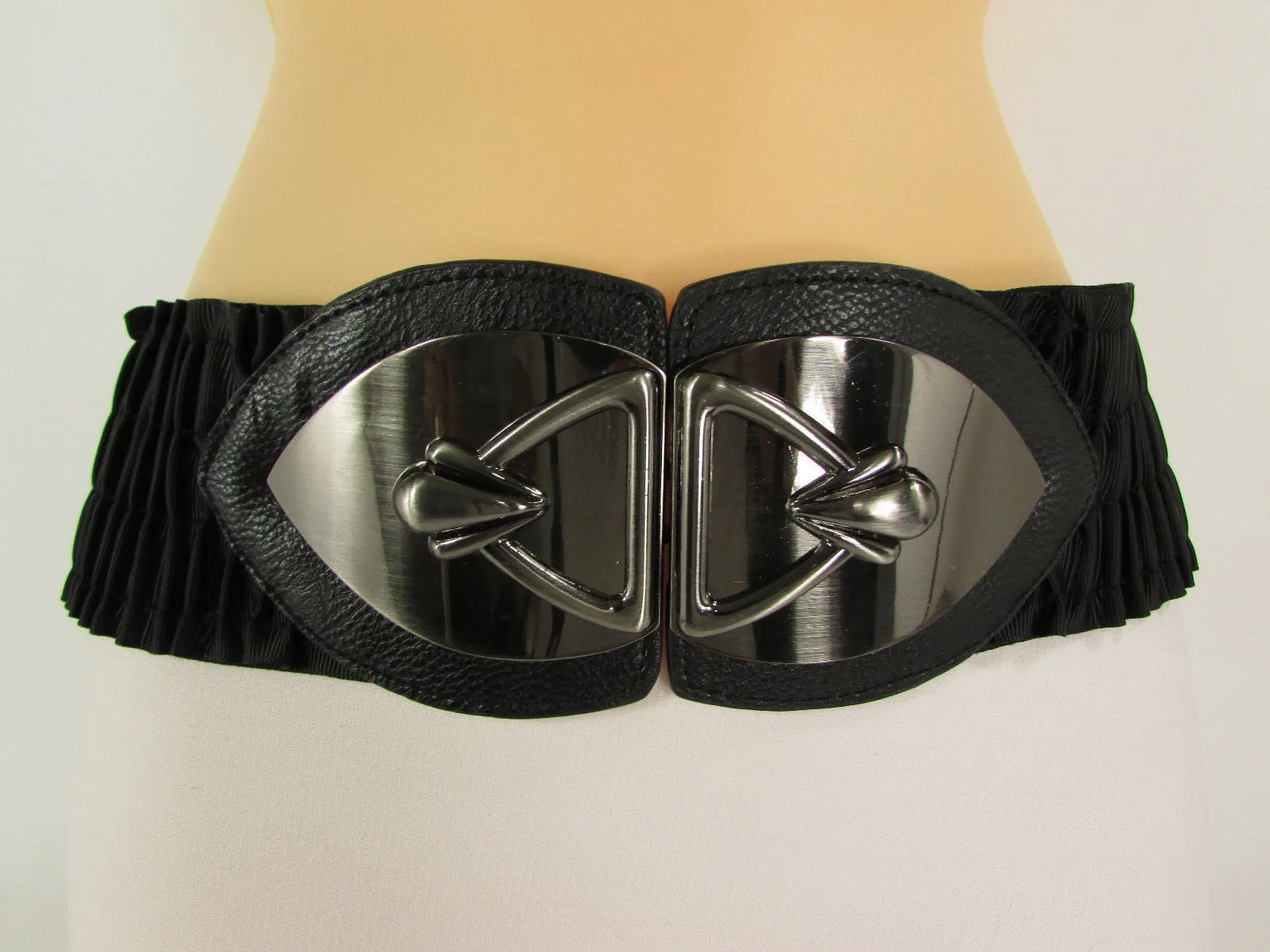 Black Faux Leather Wide Hip Elastic Belt Vintage Metal Pewter Buckle