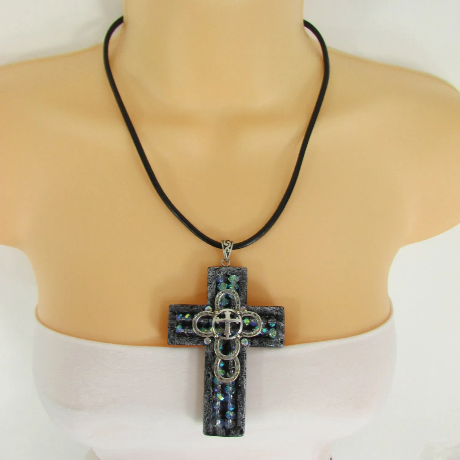 Black Rope Large 3D Metallic Black Cross Pendant Faith Necklace Earrings