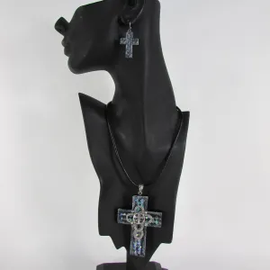 Black Rope Large 3D Metallic Black Cross Pendant Faith Necklace Earrings