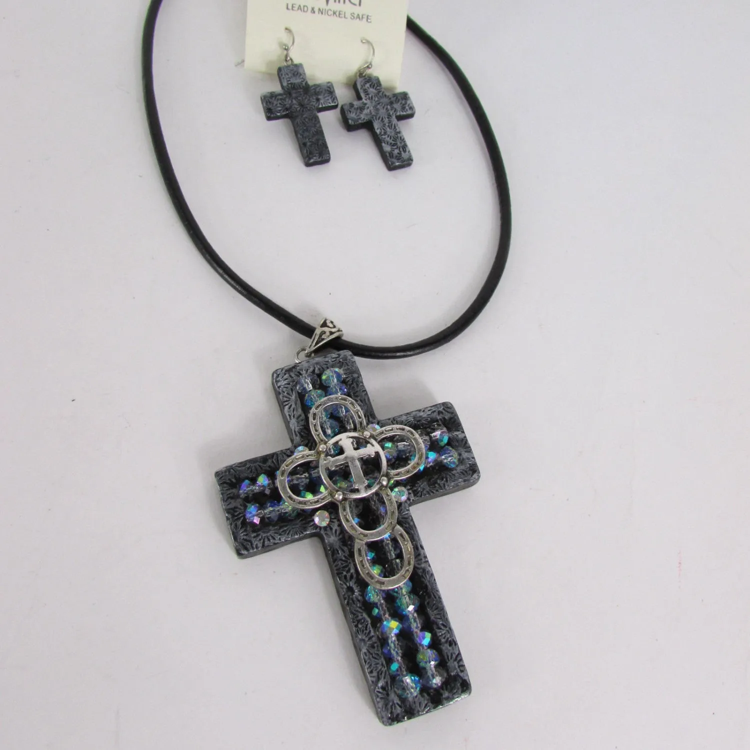 Black Rope Large 3D Metallic Black Cross Pendant Faith Necklace Earrings