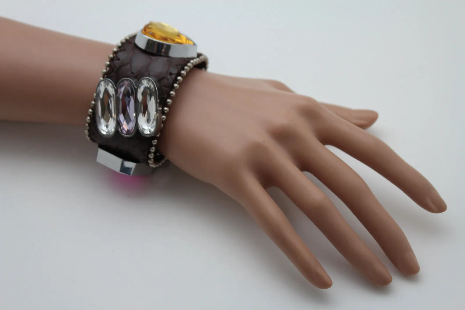 Brown Black Leather Bracelet Big Colorful Rhinestones Bead