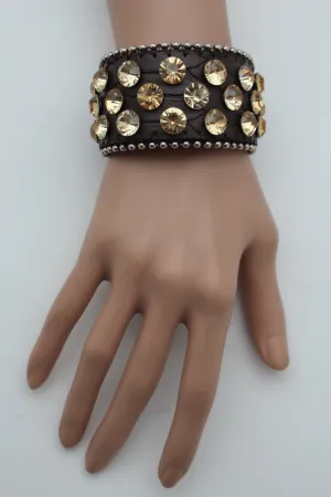 Brown Leather Bracelet Metal Studs Multi Gold Rhinestones