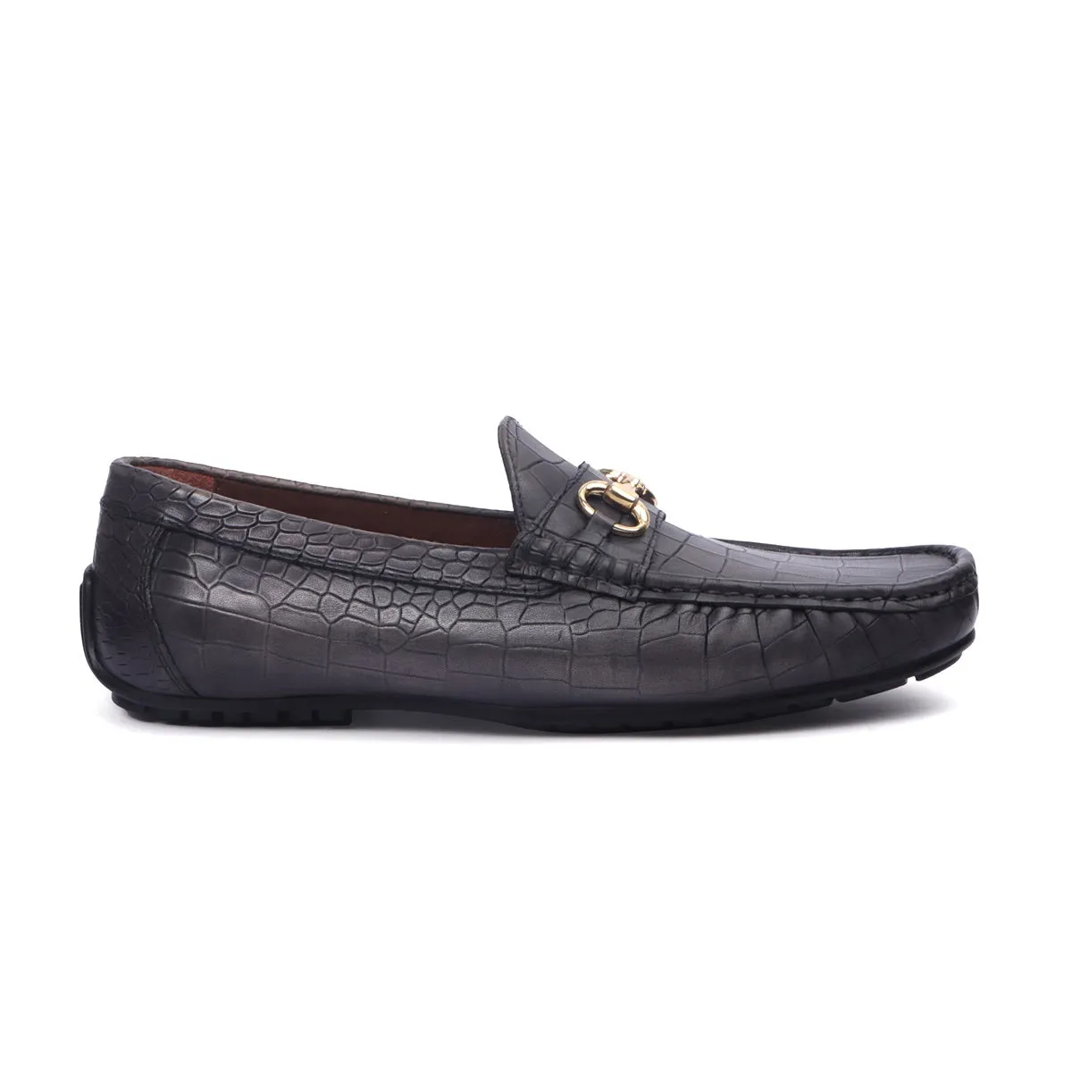 Croco Textured Grey Leather Loafer With Horse-bit Buckle