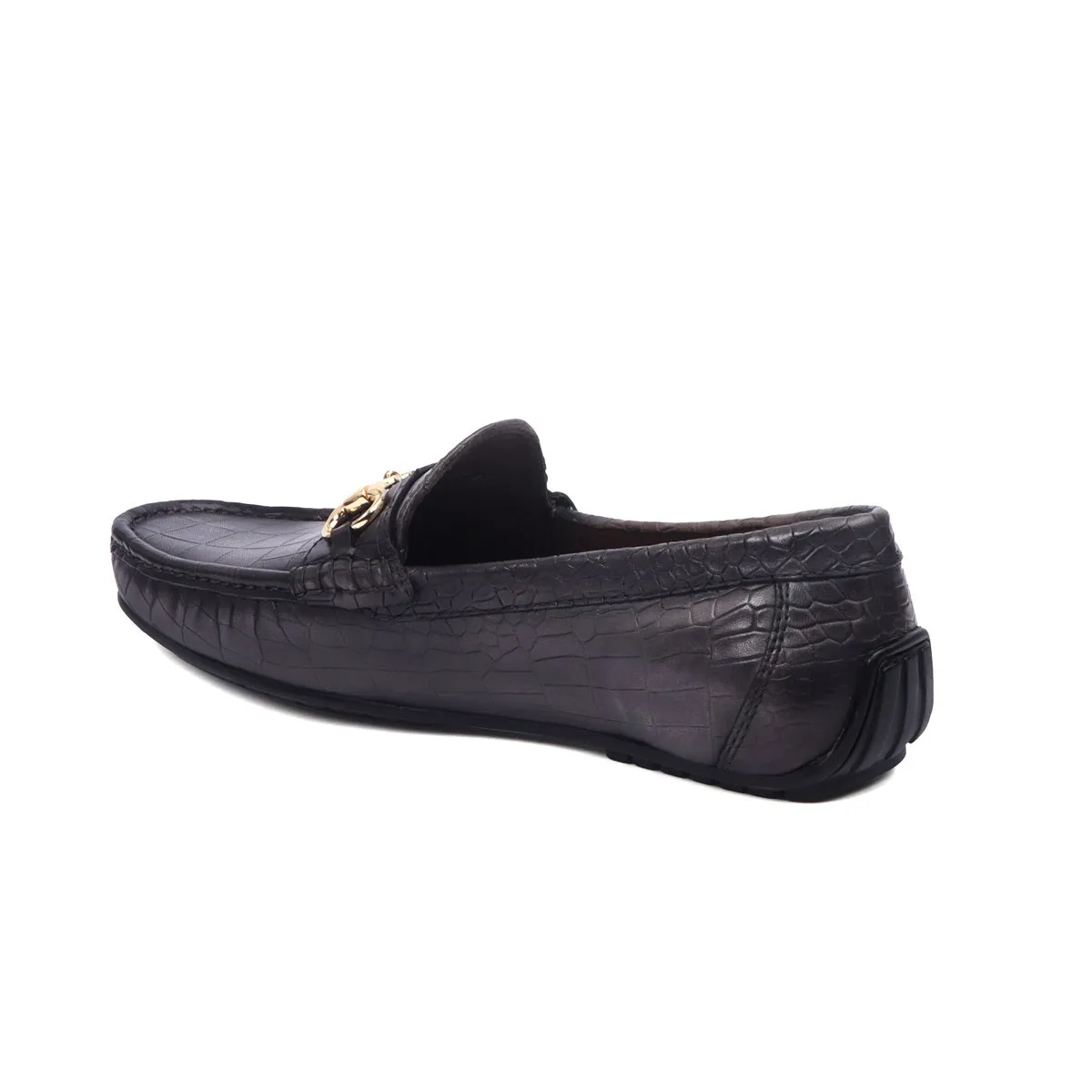 Croco Textured Grey Leather Loafer With Horse-bit Buckle