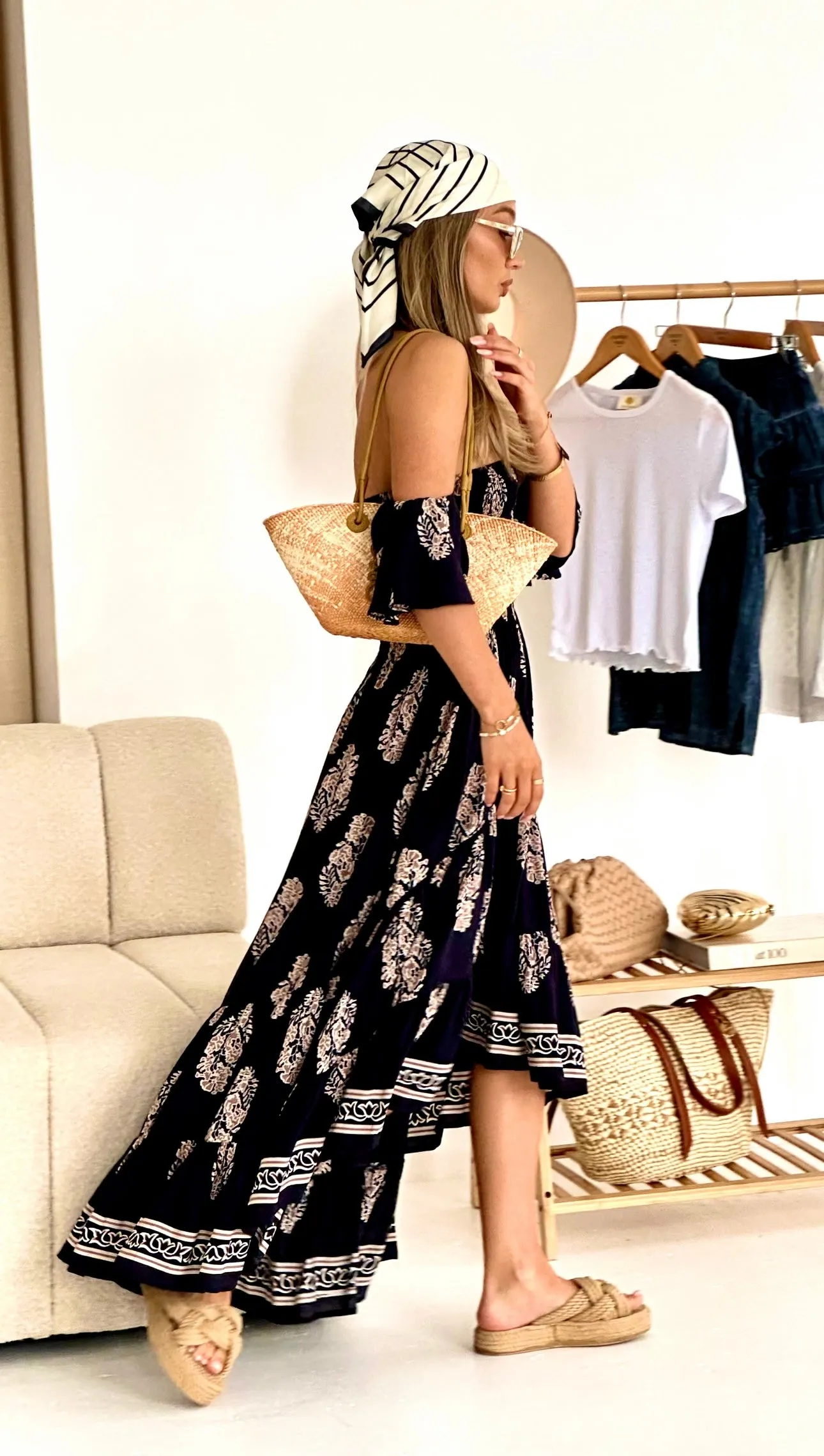 Daisy Bandeau High Low Dress in Navy Print