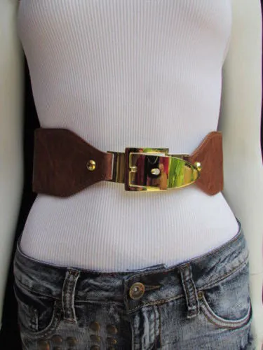 Dark Brown Elastic Faux Leather Classic Gold Belt Buckle Women S - M