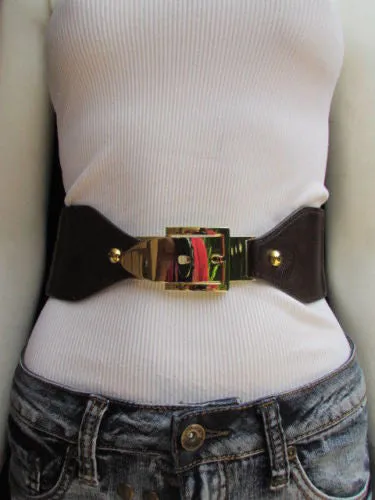 Dark Brown Elastic Faux Leather Classic Gold Belt Buckle Women S - M