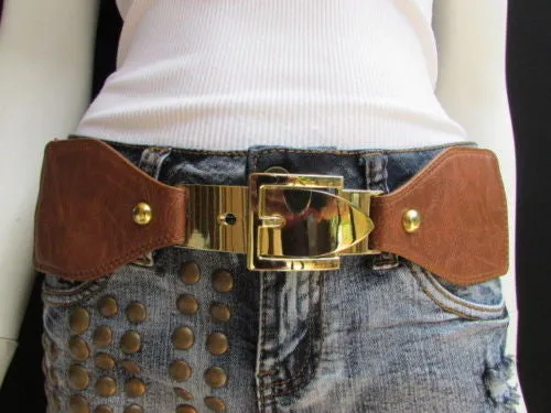 Dark Brown Elastic Faux Leather Classic Gold Belt Buckle Women S - M