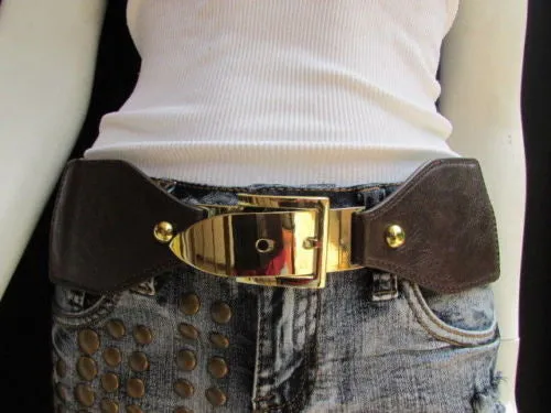 Dark Brown Elastic Faux Leather Classic Gold Belt Buckle Women S - M