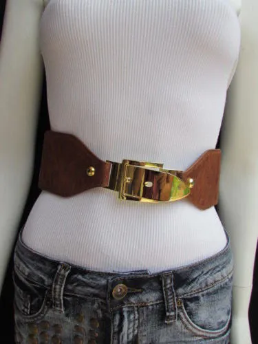 Dark Brown Elastic Faux Leather Classic Gold Belt Buckle Women S - M