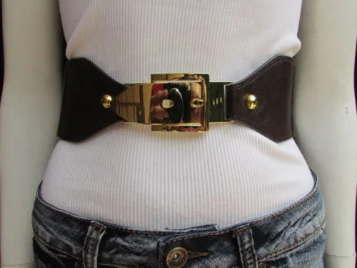 Dark Brown Elastic Faux Leather Classic Gold Belt Buckle Women S - M