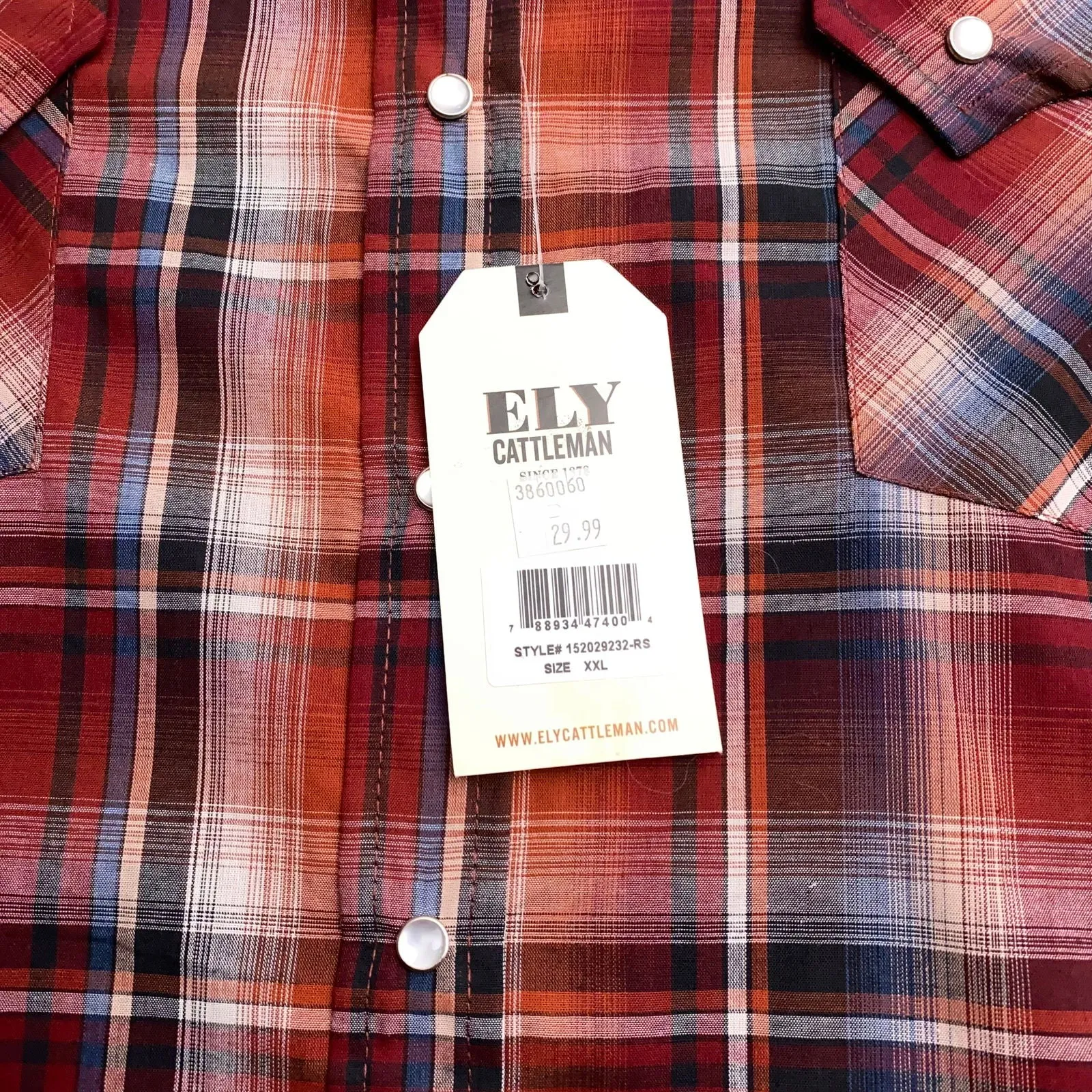 Ely Cattleman Mens Western Snap Shirt | XXL | Red Plaid | Pearl Snap Buttons | NWT