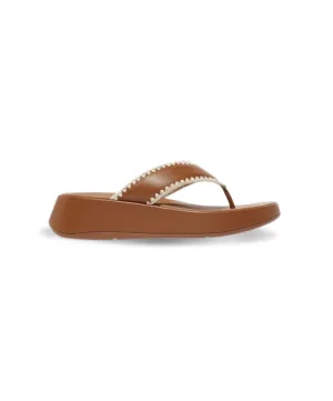 FitFlop F-mode Crochet-Stitch Leather Flatform Toe-Thongs Tan