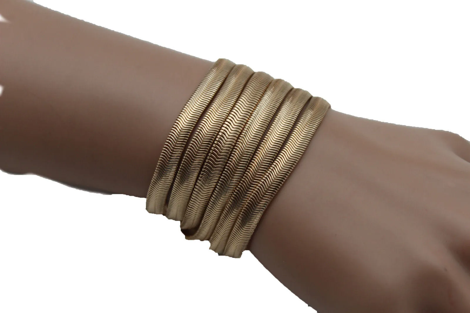 Gold Metal Bracelet Wide Mesh Chain 5 Strand Wrist Jewelry Fun Accessories