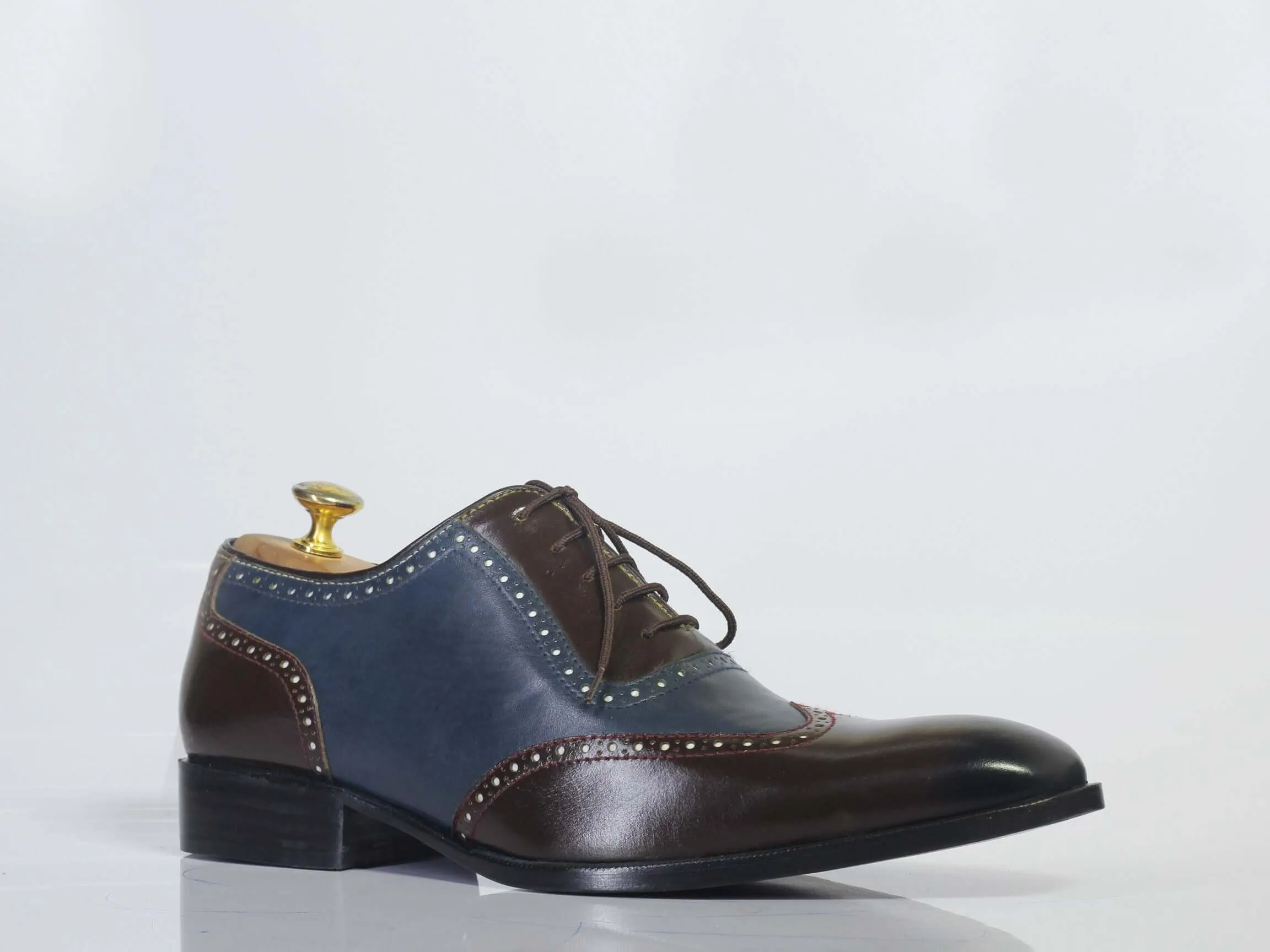 Handmade Men’s Brown Blue Cap Toe Leather Shoes, Men Lace Up Dress Formal Shoes