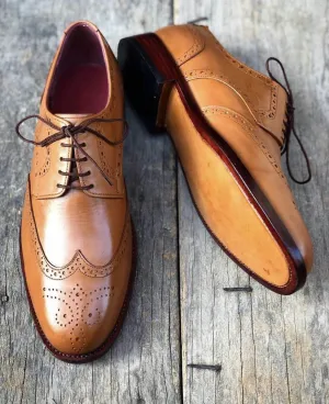 Handmade Men's Tan Color Leather Wing Tip Brogue Lace Up Shoes, Men Designer Dress Formal Luxury Shoes