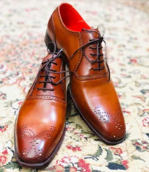 Handmade Men's Tan Leather Wing Tip Brogue Shoes, Men Formal Designer Shoes