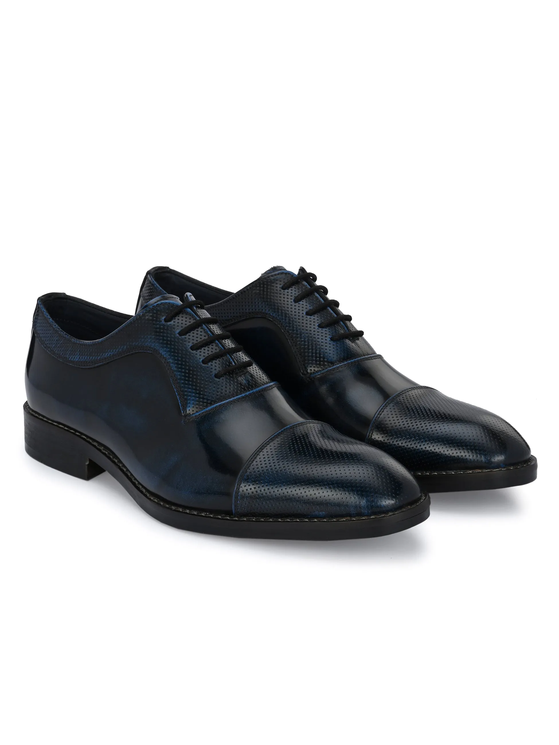 Hitz Men's Blue Leather Lace-up Party Wear Shoes