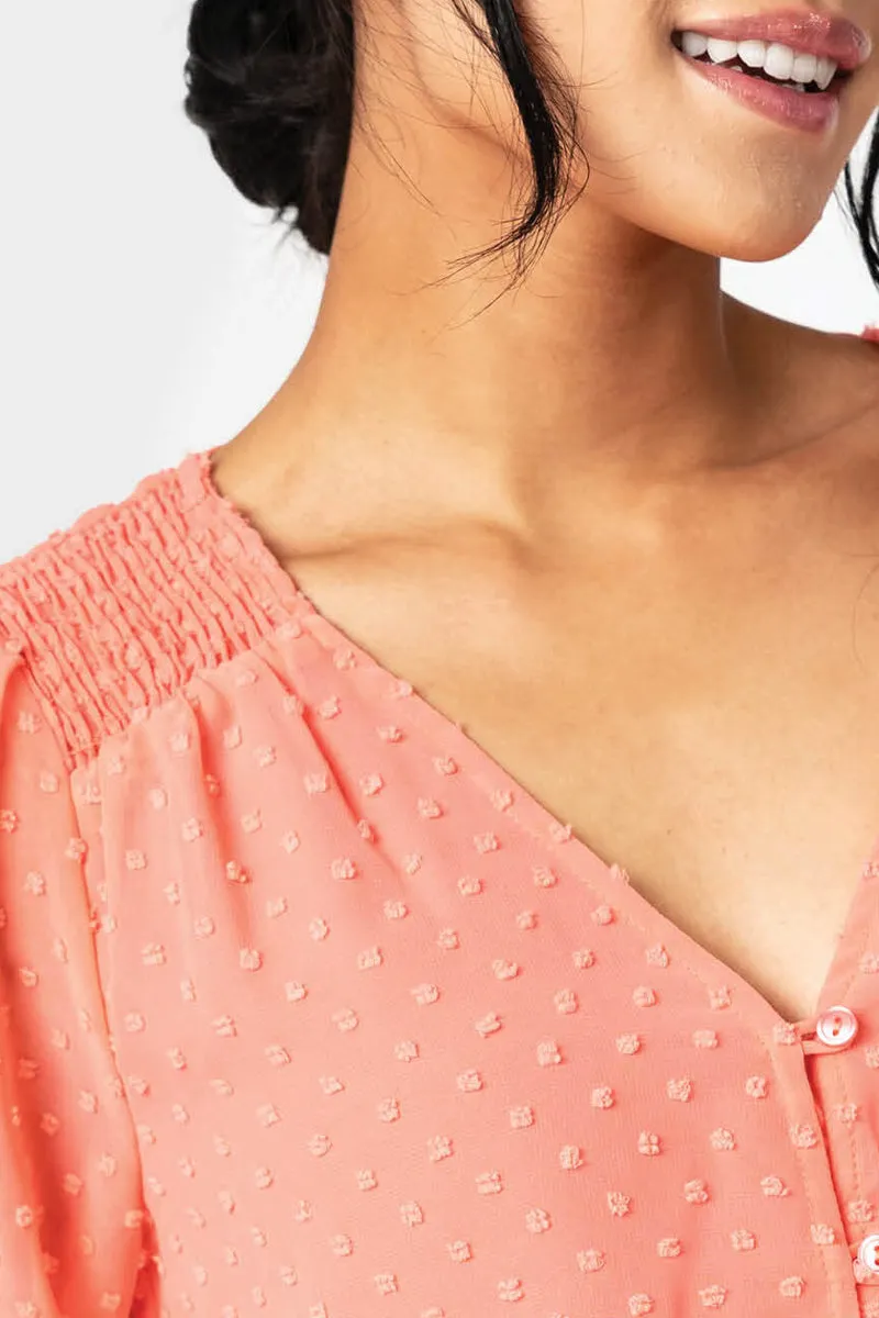 Pin Dot Smocked Detail V-Neck Blouse