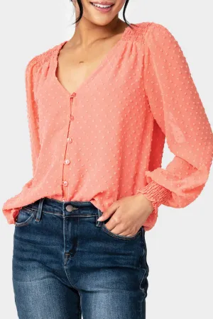 Pin Dot Smocked Detail V-Neck Blouse