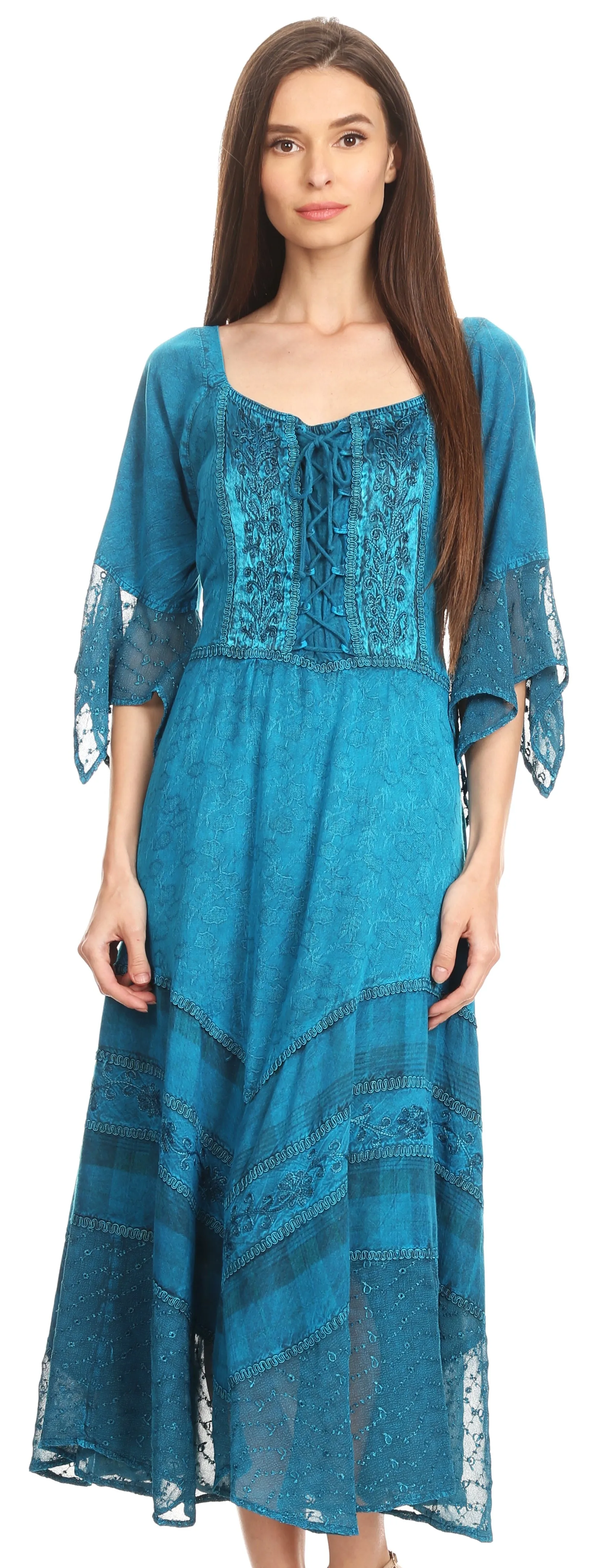 Sakkas Bexley Scoop Neck Bell Sleeve Bohemian Gypsy Embroidered Corset Dress