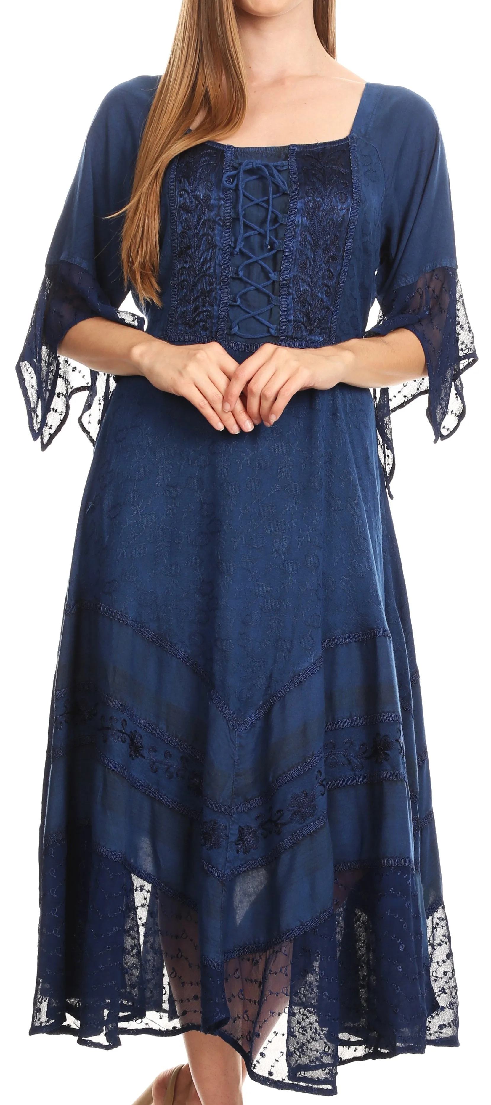 Sakkas Bexley Scoop Neck Bell Sleeve Bohemian Gypsy Embroidered Corset Dress