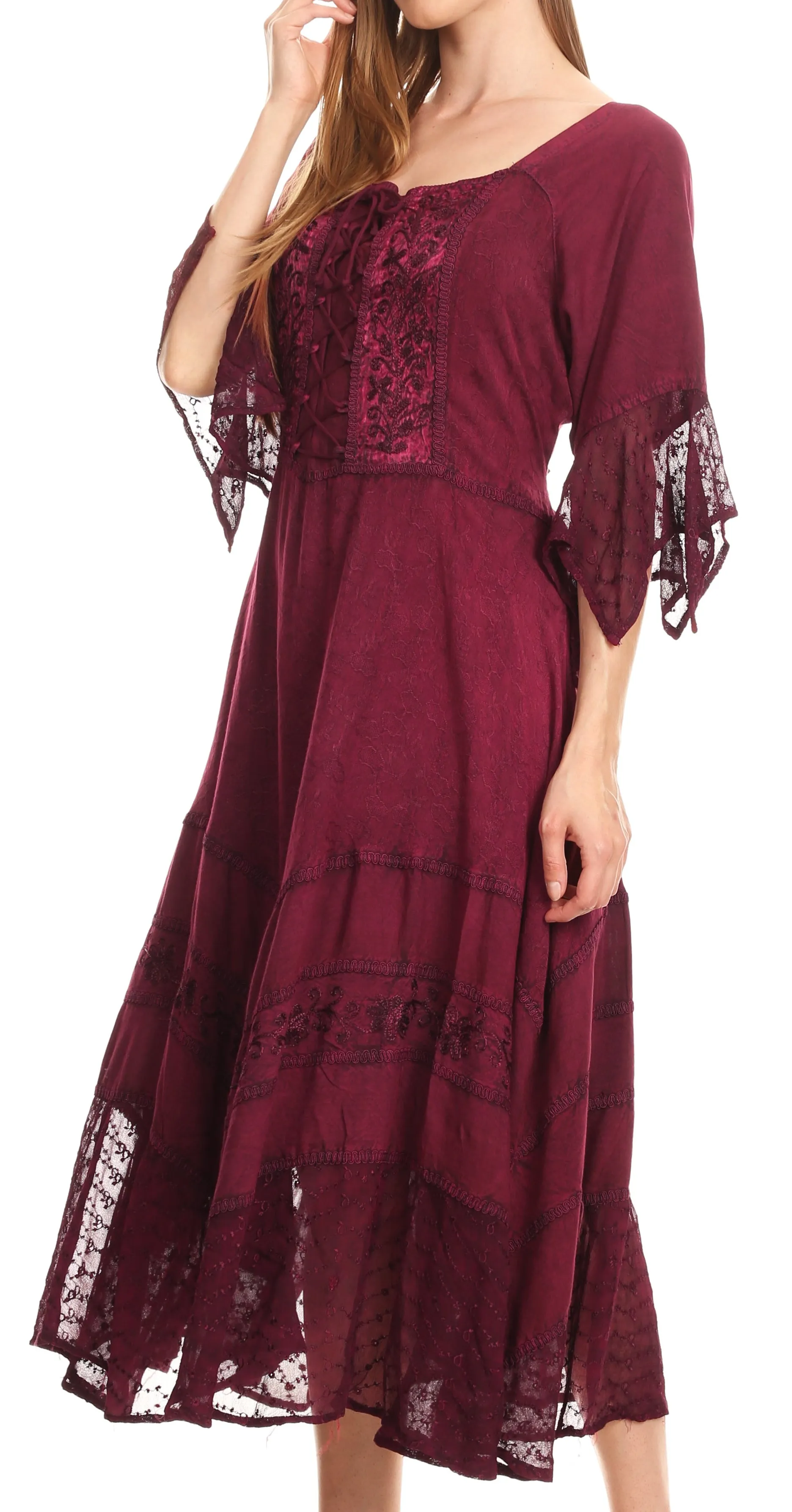 Sakkas Bexley Scoop Neck Bell Sleeve Bohemian Gypsy Embroidered Corset Dress