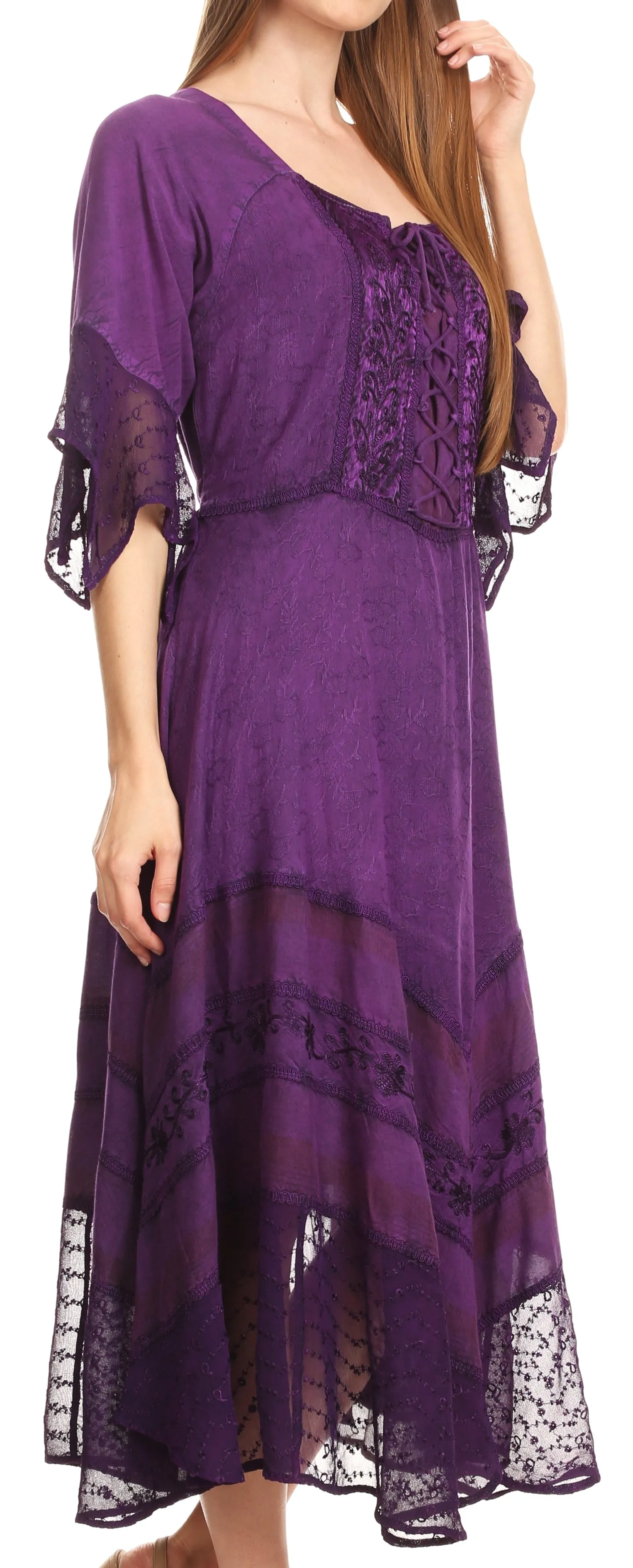 Sakkas Bexley Scoop Neck Bell Sleeve Bohemian Gypsy Embroidered Corset Dress