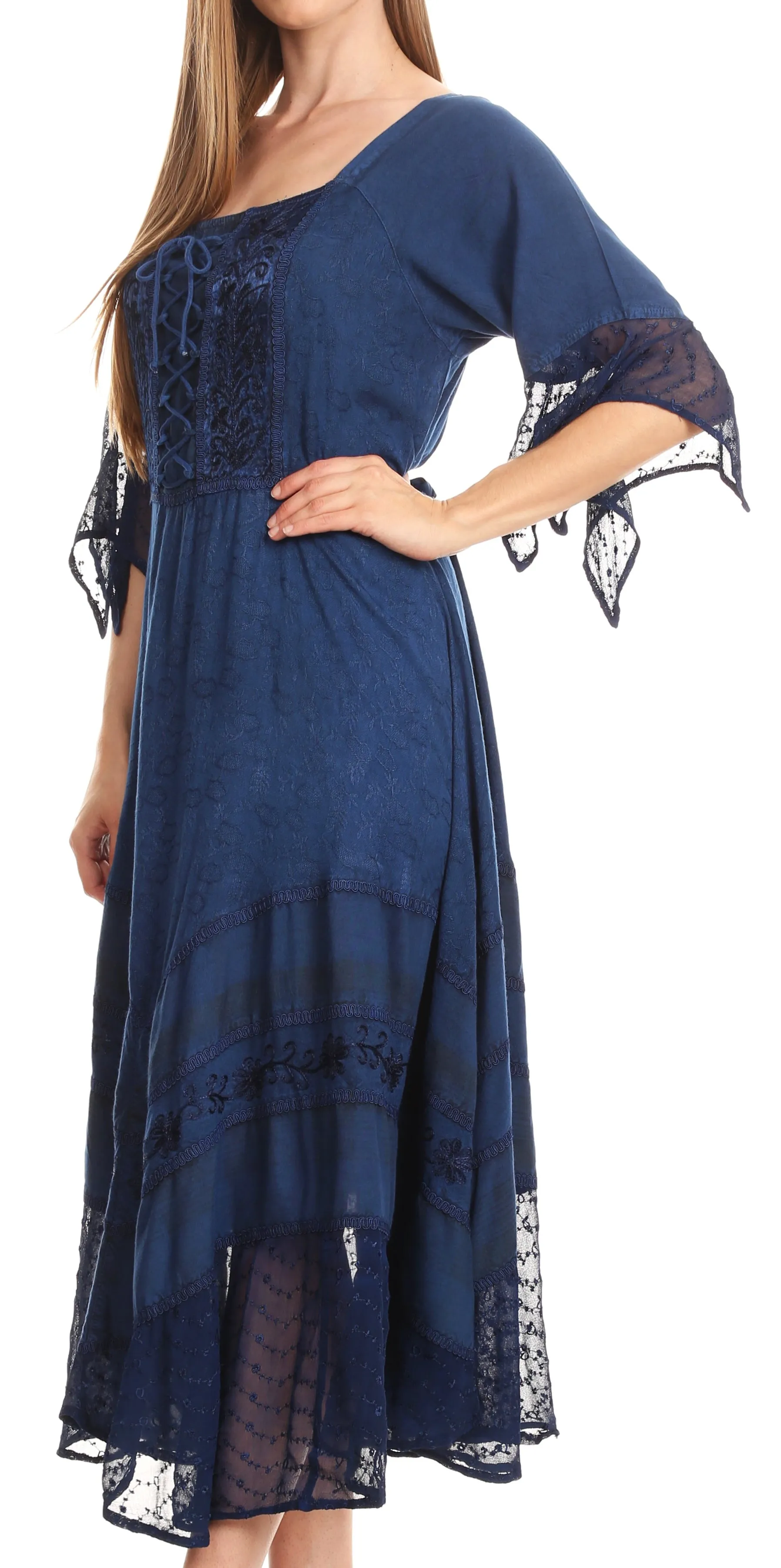 Sakkas Bexley Scoop Neck Bell Sleeve Bohemian Gypsy Embroidered Corset Dress