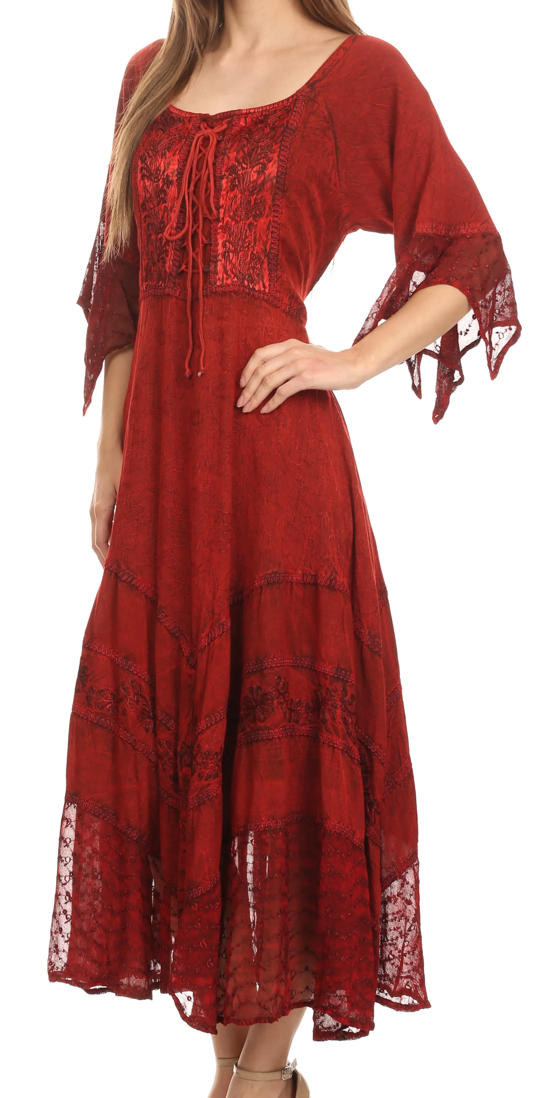 Sakkas Bexley Scoop Neck Bell Sleeve Bohemian Gypsy Embroidered Corset Dress