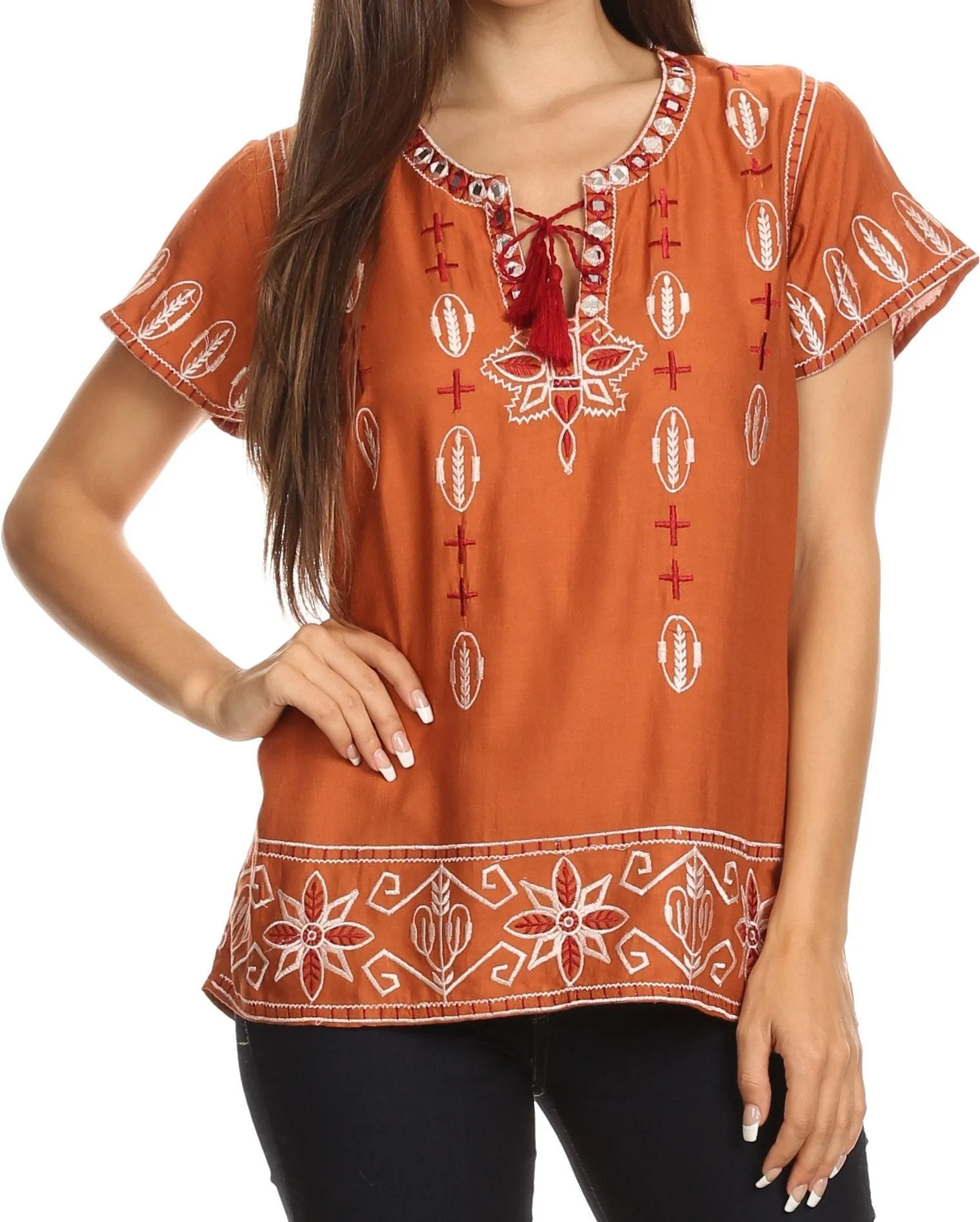 Sakkas Jile Wide Boxy Embroidered Short Sleeve Tassel Tie Top Shirt Tunic Blouse