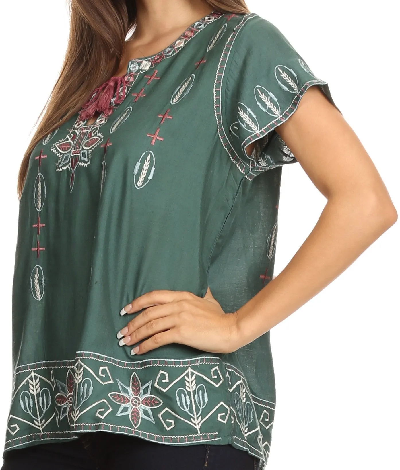 Sakkas Jile Wide Boxy Embroidered Short Sleeve Tassel Tie Top Shirt Tunic Blouse