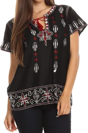 Sakkas Jile Wide Boxy Embroidered Short Sleeve Tassel Tie Top Shirt Tunic Blouse