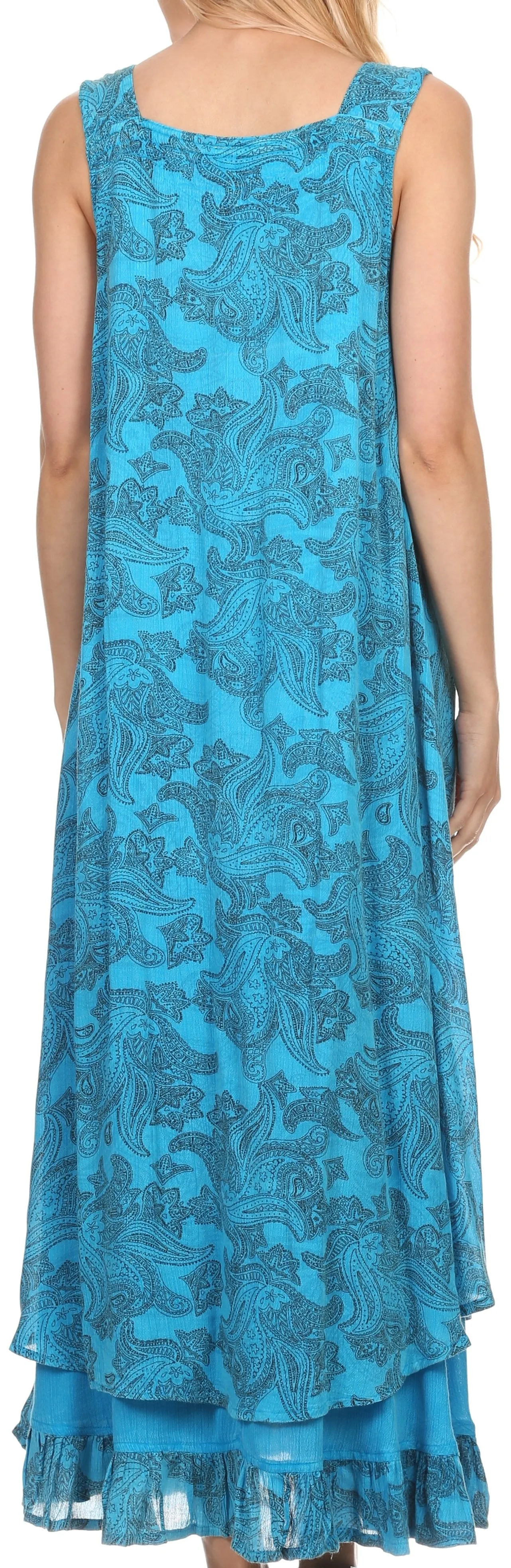 Sakkas Paak Tall Long Batik Paisely Print Ruffle Hem Lined Caftan Tank Top Dress