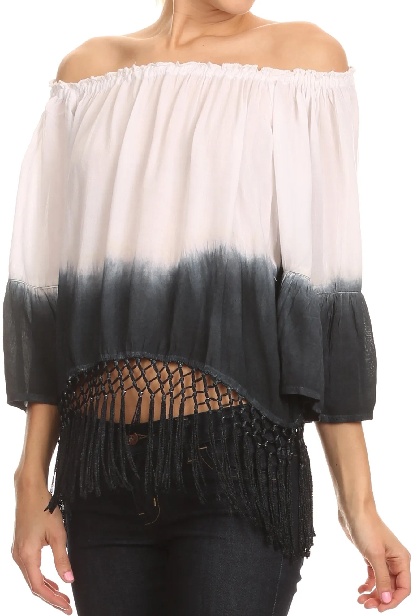 Sakkas Shax Short  Ombre Fringe Tassel 3/4 Wide Bell Sleeves Crop Top Blouse Shirt