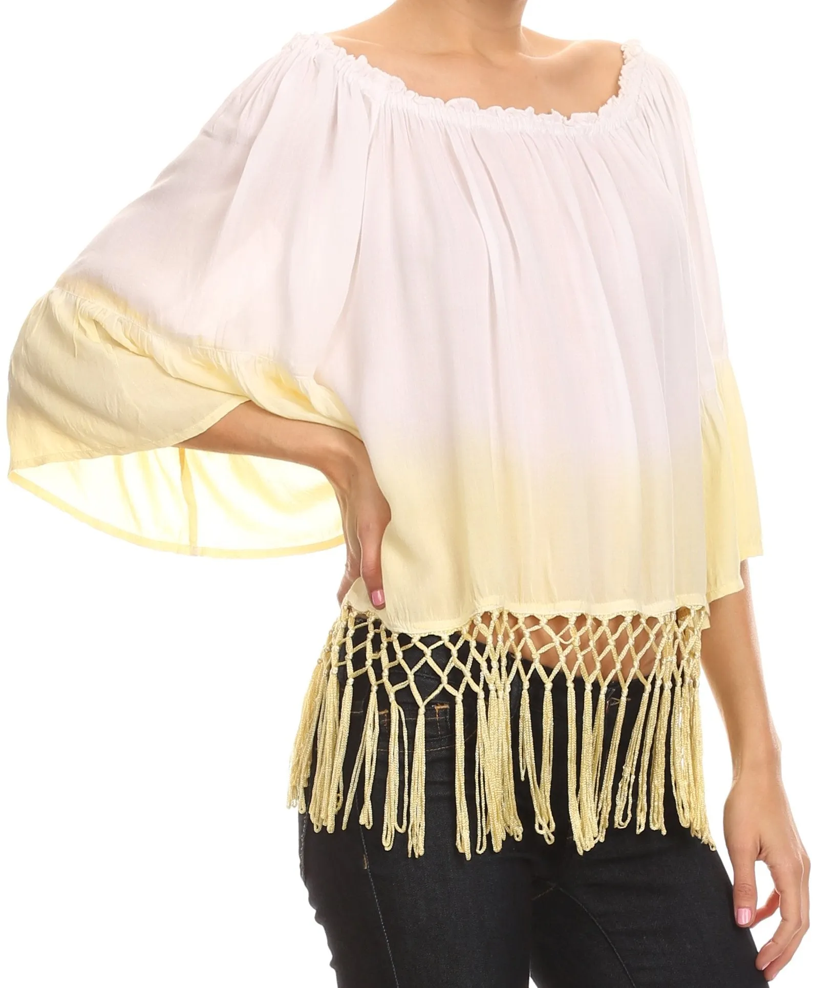 Sakkas Shax Short  Ombre Fringe Tassel 3/4 Wide Bell Sleeves Crop Top Blouse Shirt