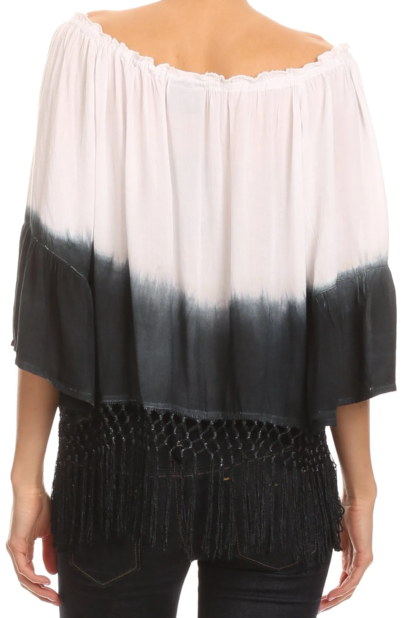 Sakkas Shax Short  Ombre Fringe Tassel 3/4 Wide Bell Sleeves Crop Top Blouse Shirt