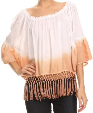 Sakkas Shax Short  Ombre Fringe Tassel 3/4 Wide Bell Sleeves Crop Top Blouse Shirt