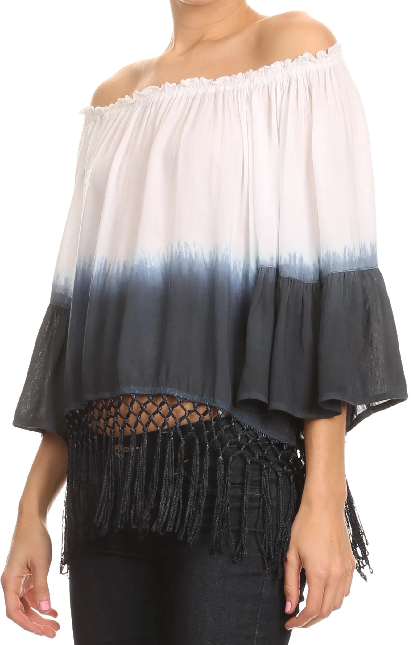 Sakkas Shax Short  Ombre Fringe Tassel 3/4 Wide Bell Sleeves Crop Top Blouse Shirt