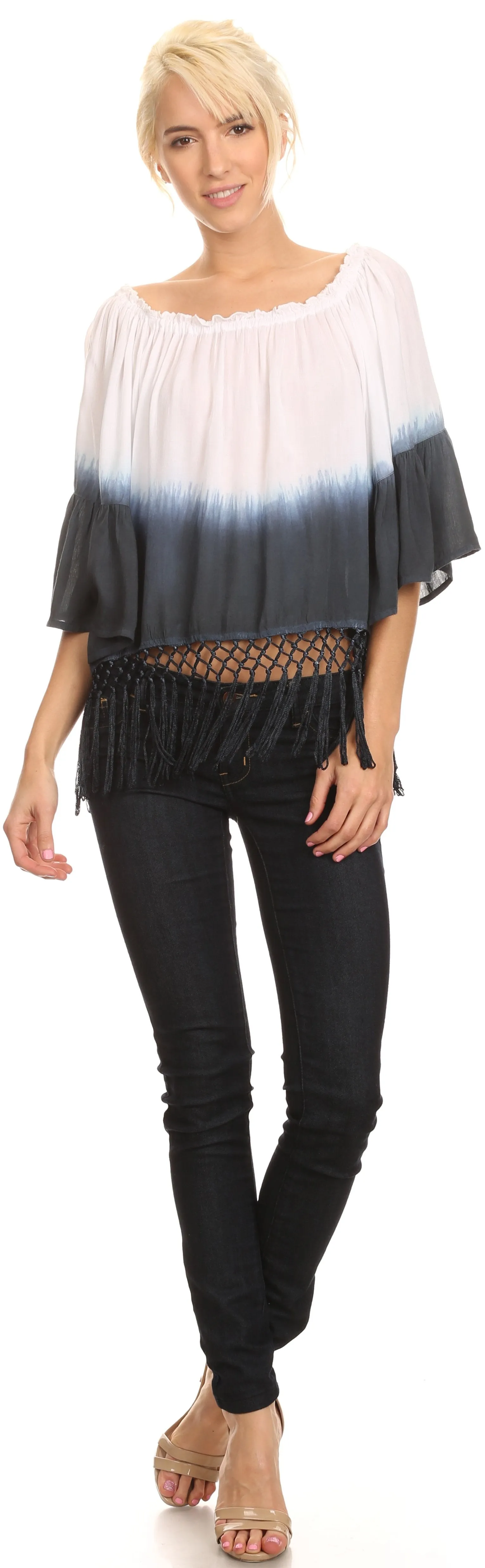 Sakkas Shax Short  Ombre Fringe Tassel 3/4 Wide Bell Sleeves Crop Top Blouse Shirt