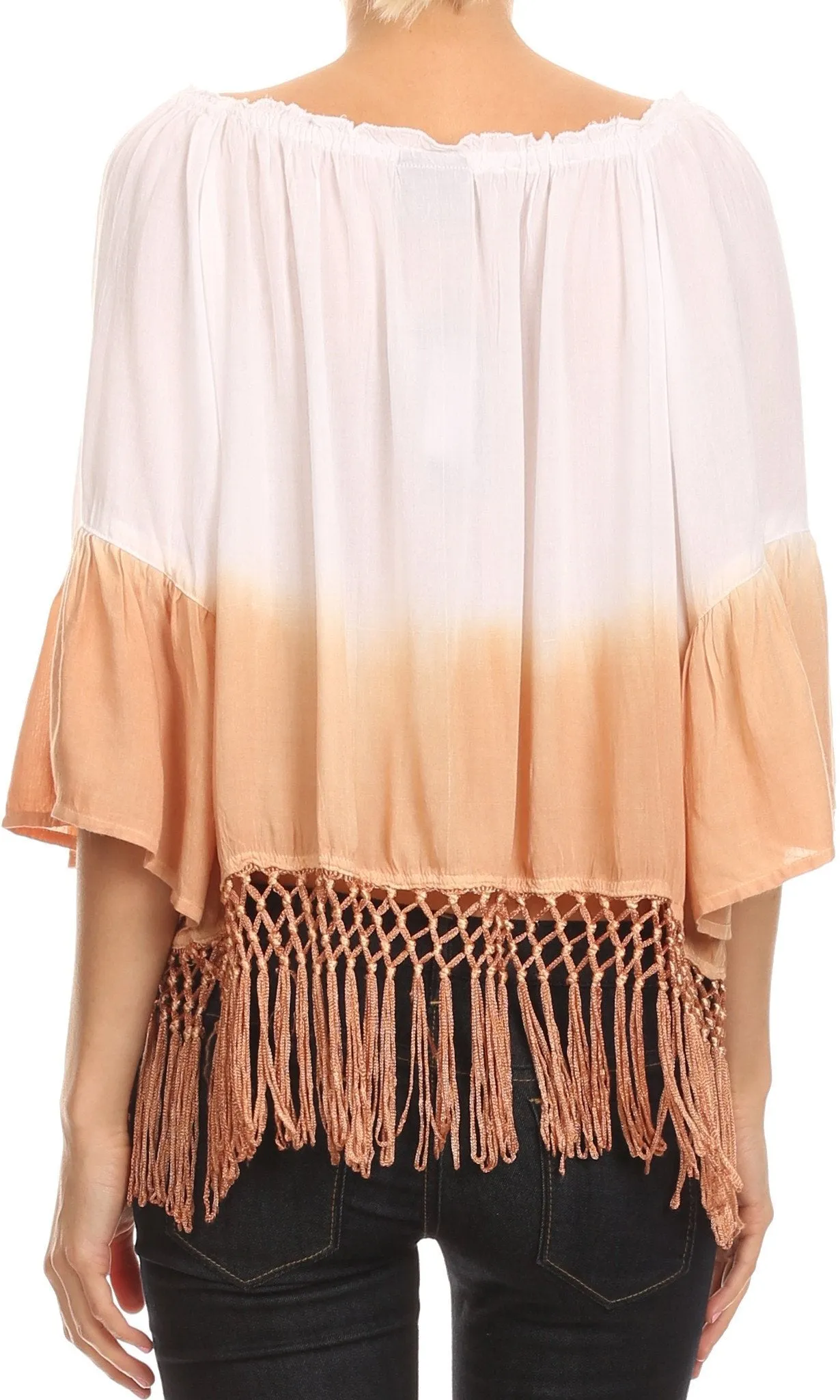 Sakkas Shax Short  Ombre Fringe Tassel 3/4 Wide Bell Sleeves Crop Top Blouse Shirt