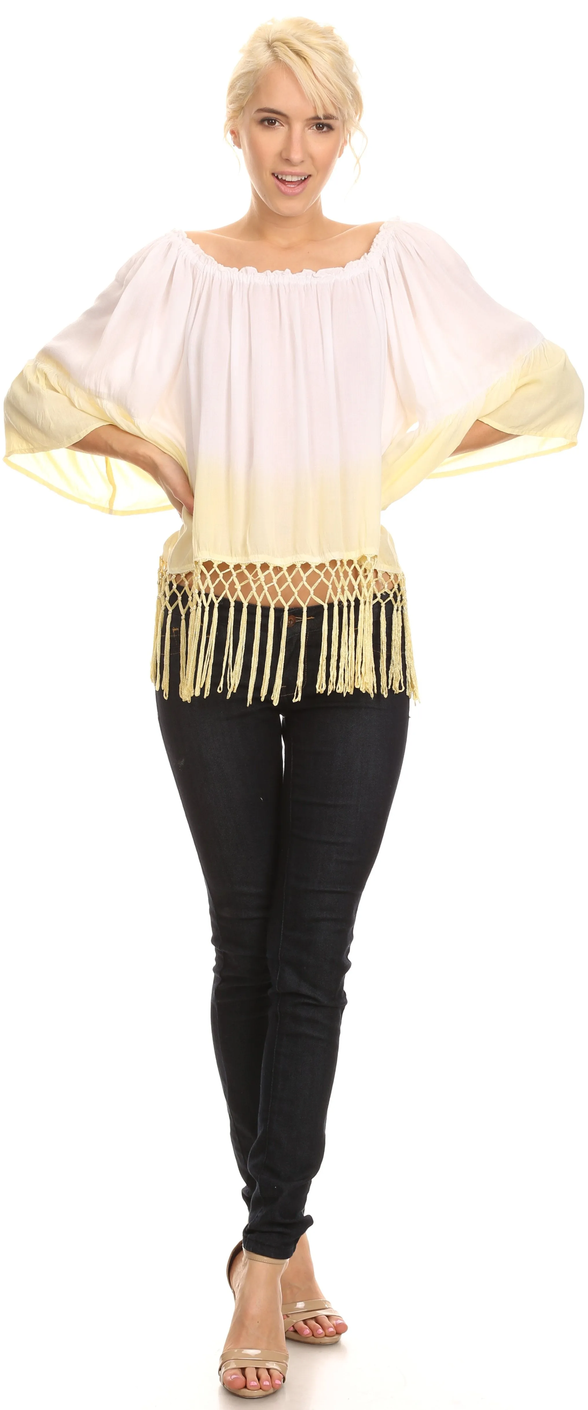 Sakkas Shax Short  Ombre Fringe Tassel 3/4 Wide Bell Sleeves Crop Top Blouse Shirt