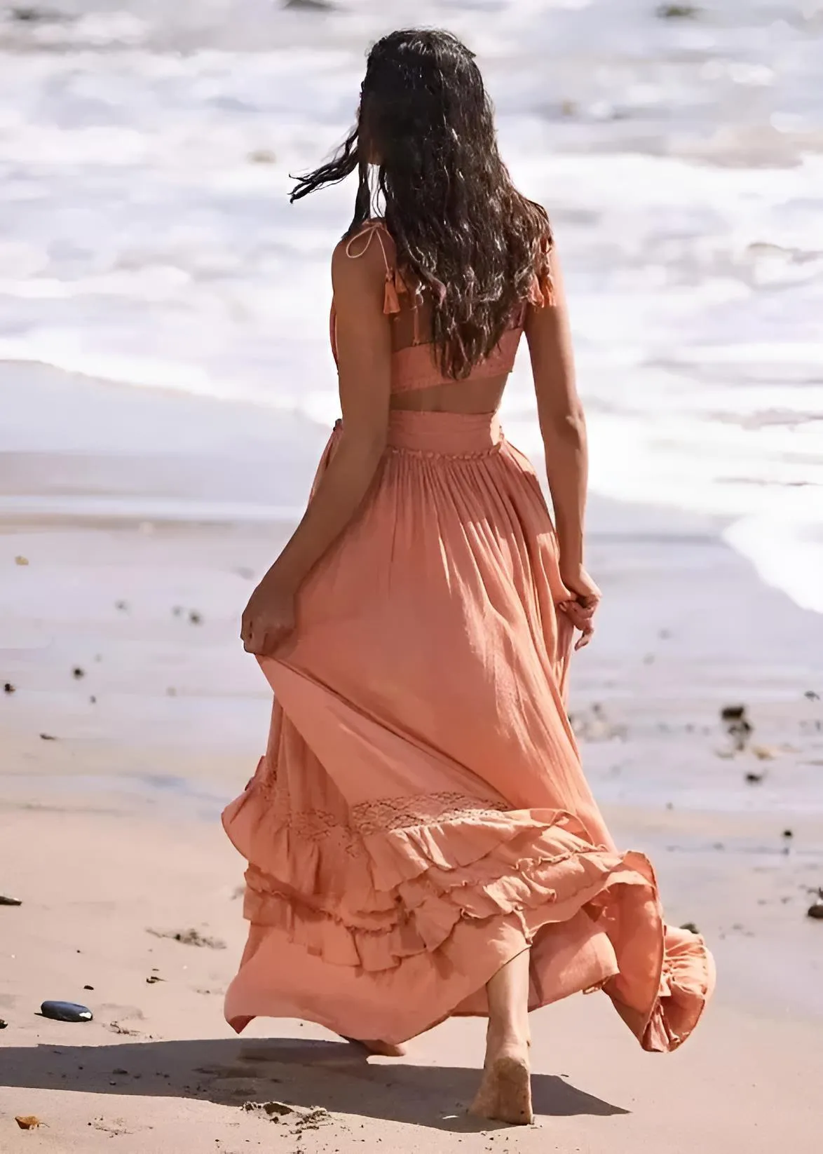 Summer Beach Dress Sleeveless Cotton Maxi Dresses Boho Style Solid Color Lace Ruffled Sundress