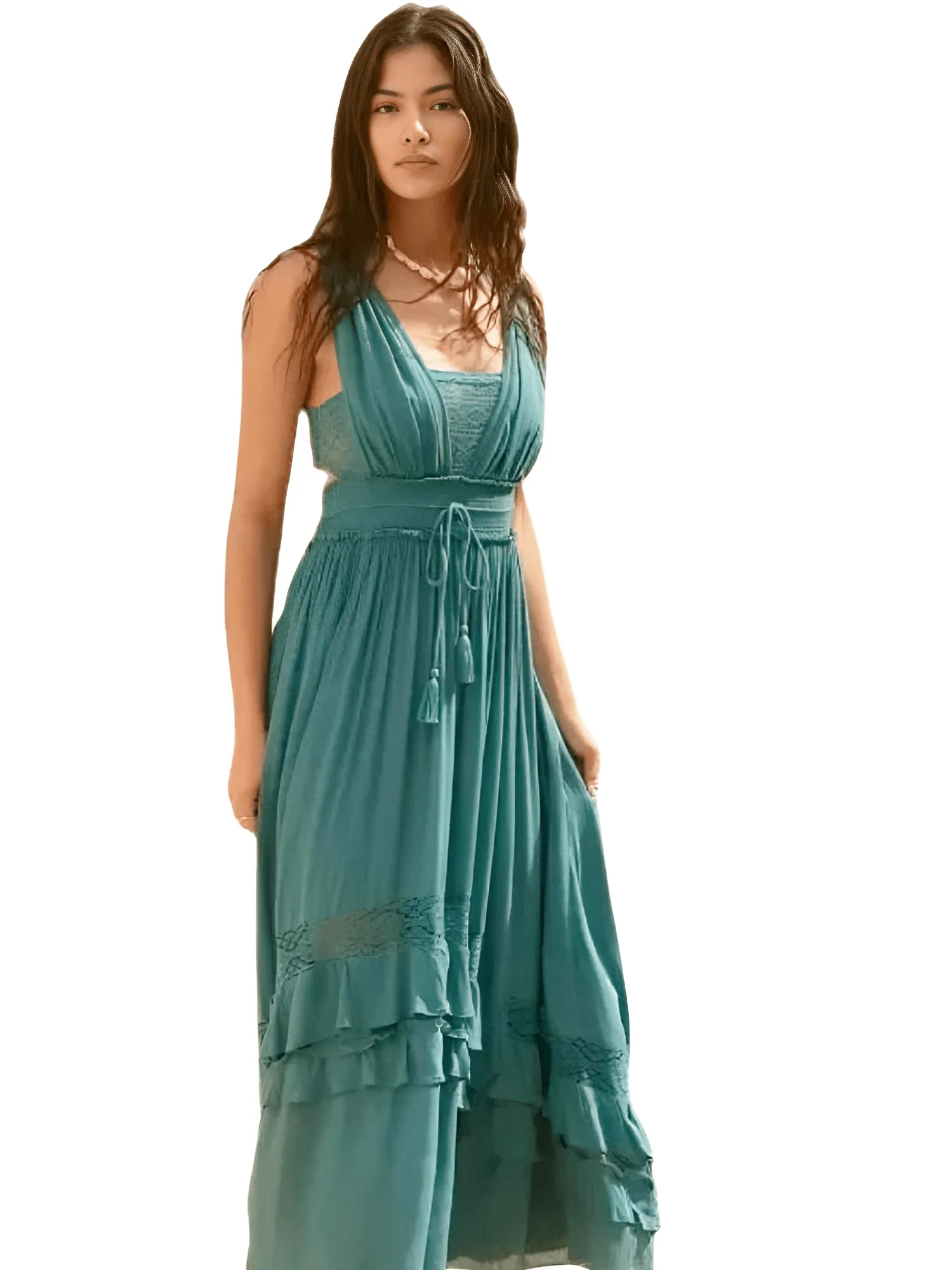 Summer Beach Dress Sleeveless Cotton Maxi Dresses Boho Style Solid Color Lace Ruffled Sundress