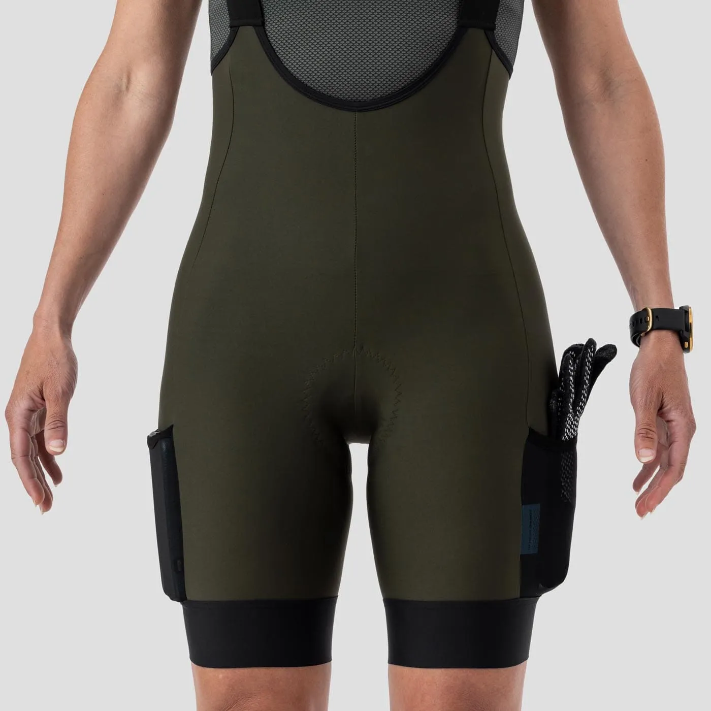 Womens Olive Droptail Cargo Bib Shorts