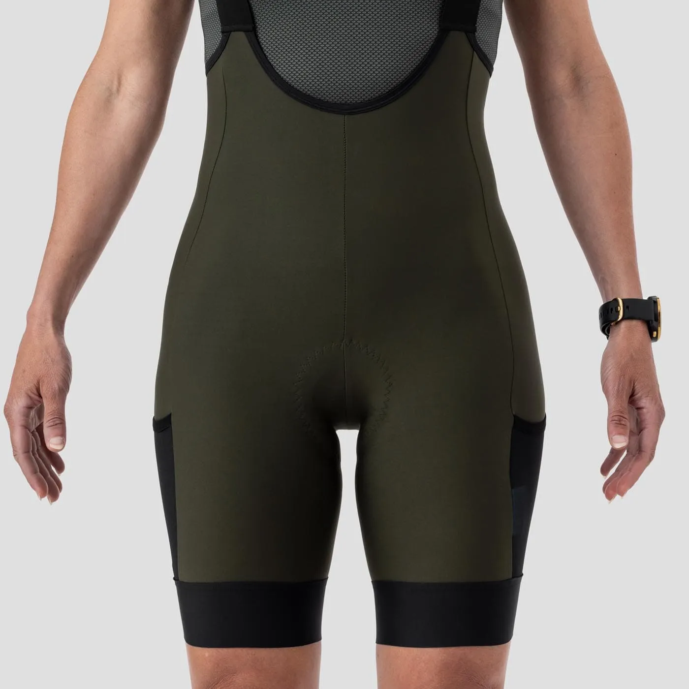 Womens Olive Droptail Cargo Bib Shorts