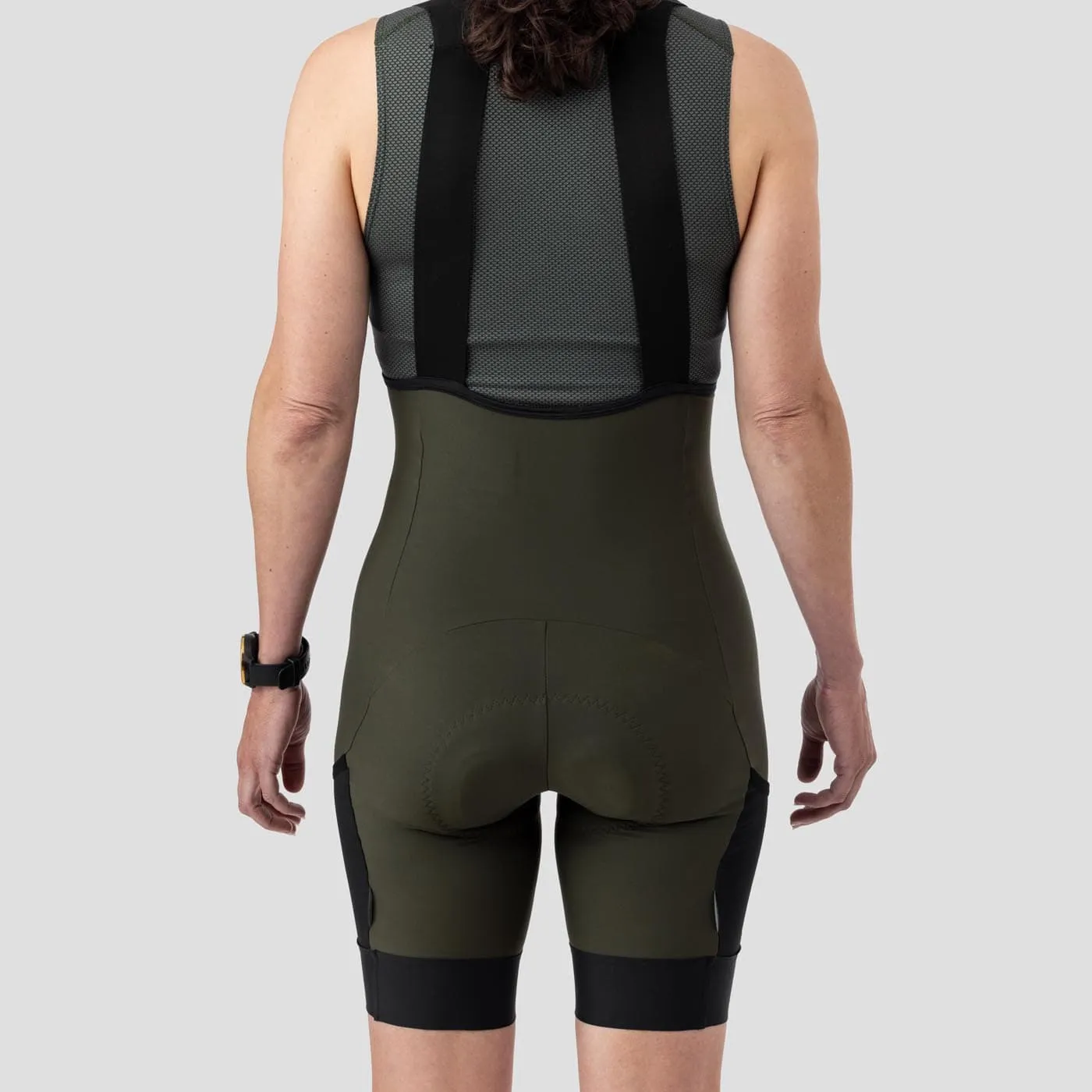 Womens Olive Droptail Cargo Bib Shorts